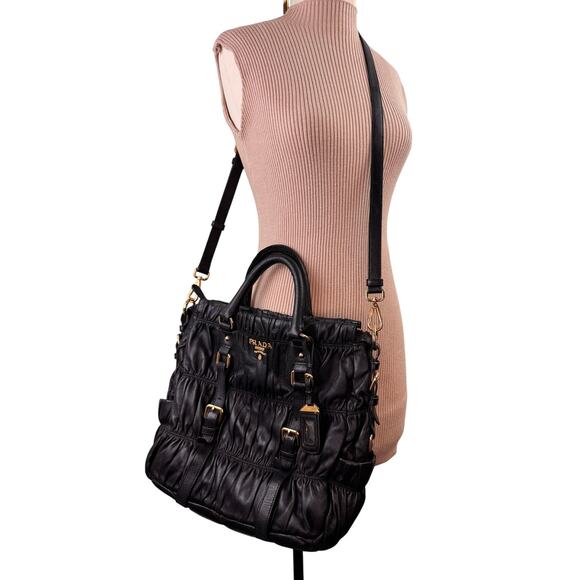 PRADA Nappa Gaufre Handbag Black Gold Leather Crossbody Strap Tote Bag Large - Picture 1 of 13